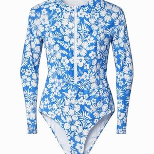 Hurley Tropical Blue Floral Long Sleeve One Piece Swimsuit Rash Guard